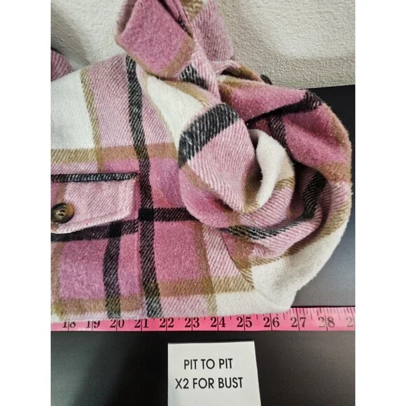 Womens XL Pink Black Jacket Plaid Oversized Thick Flannel Farm Barn Coat Tunic - Picture 14 of 16